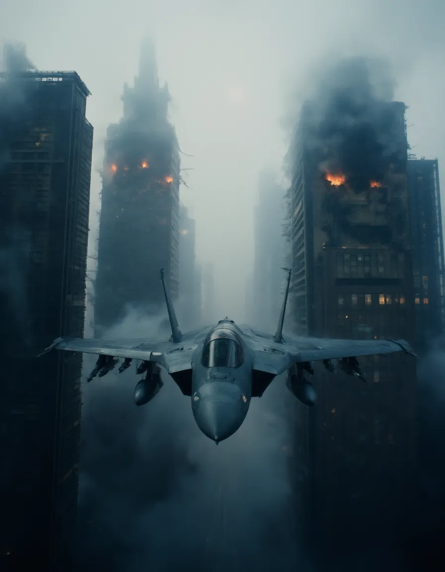 戦火の摩天楼の間の狭い隙間を高速で飛行する戦闘機。火と煙が曇り空に立ち上り、フィルム粒子効果のある映画的空が広がる。