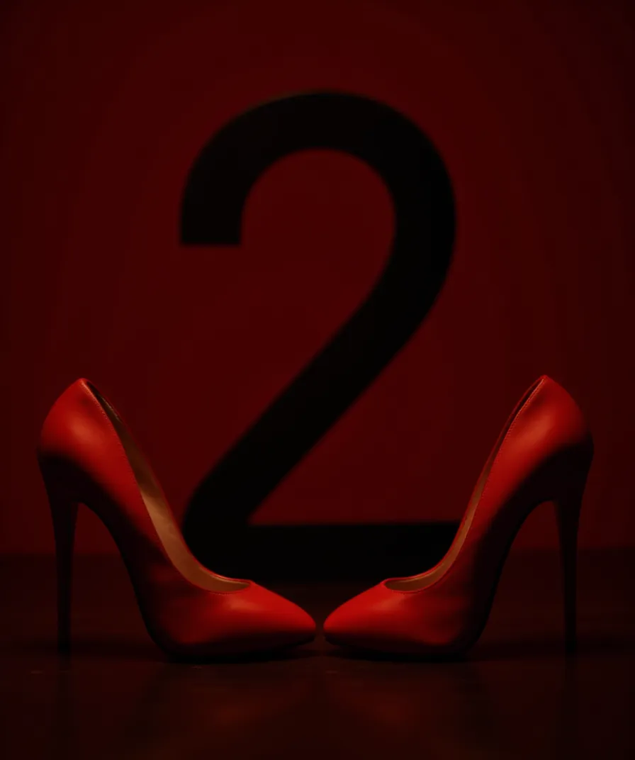 Pair of red high heels facing each other with a large black number 2 in the background on a dark red backdrop.