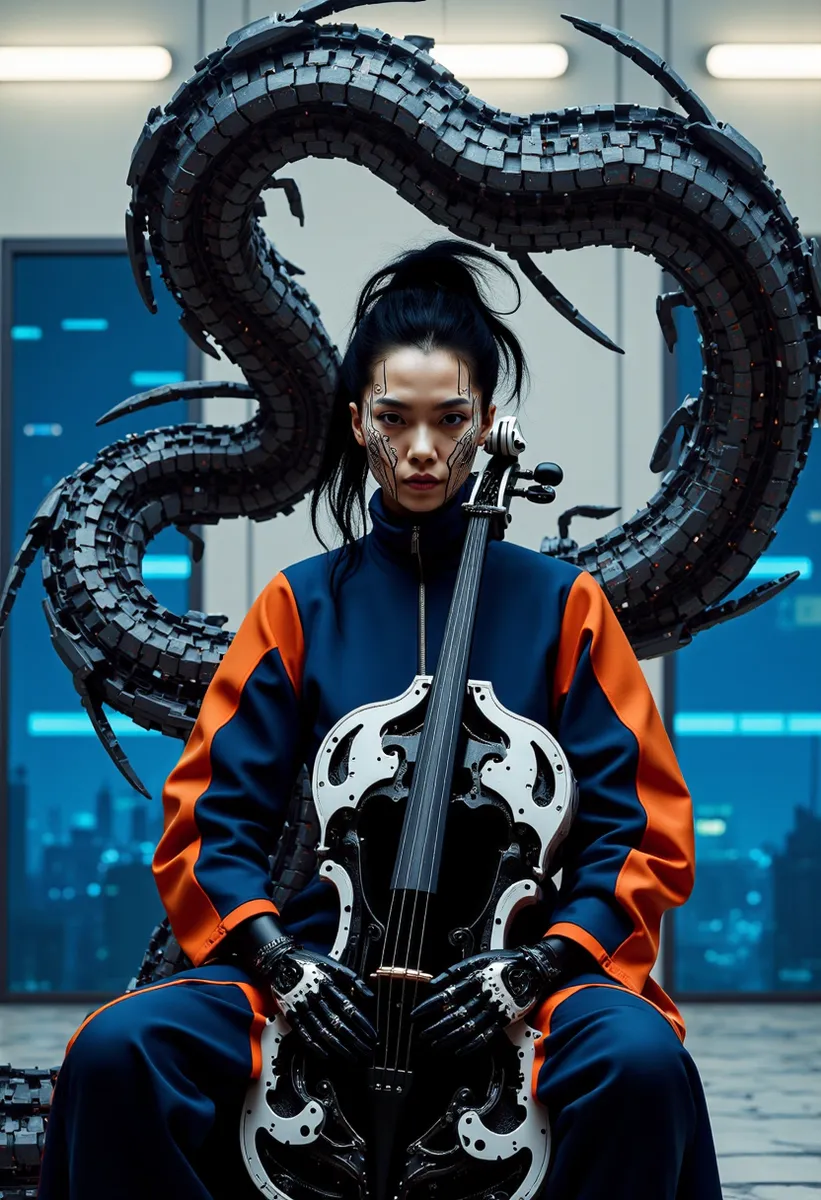Cybernetyczna kobieta-muzyk w futurystycznym stroju trzyma mechaniczne cello z misternymi robotycznymi mackami wyrastającymi za nią w mrocznym otoczeniu sci-fi.
