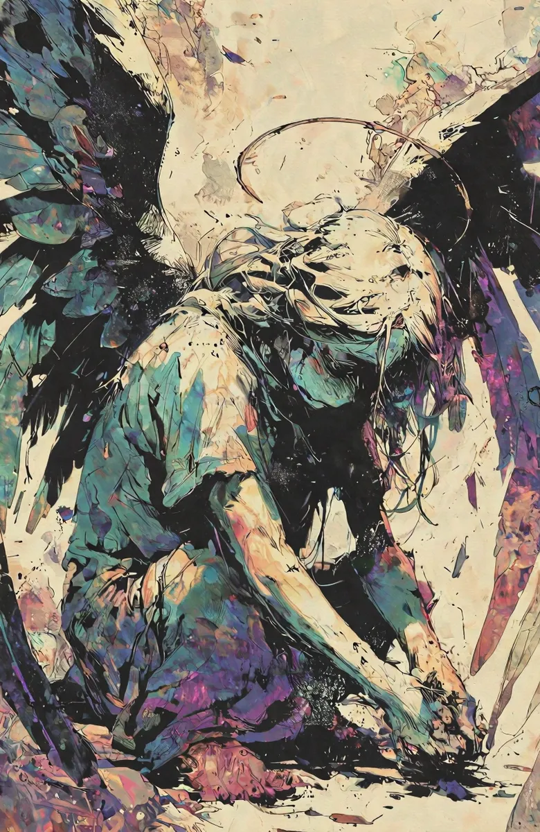 Melancholy Angel with Dark Wings and Halo - AI Image Gallery | Diffus
