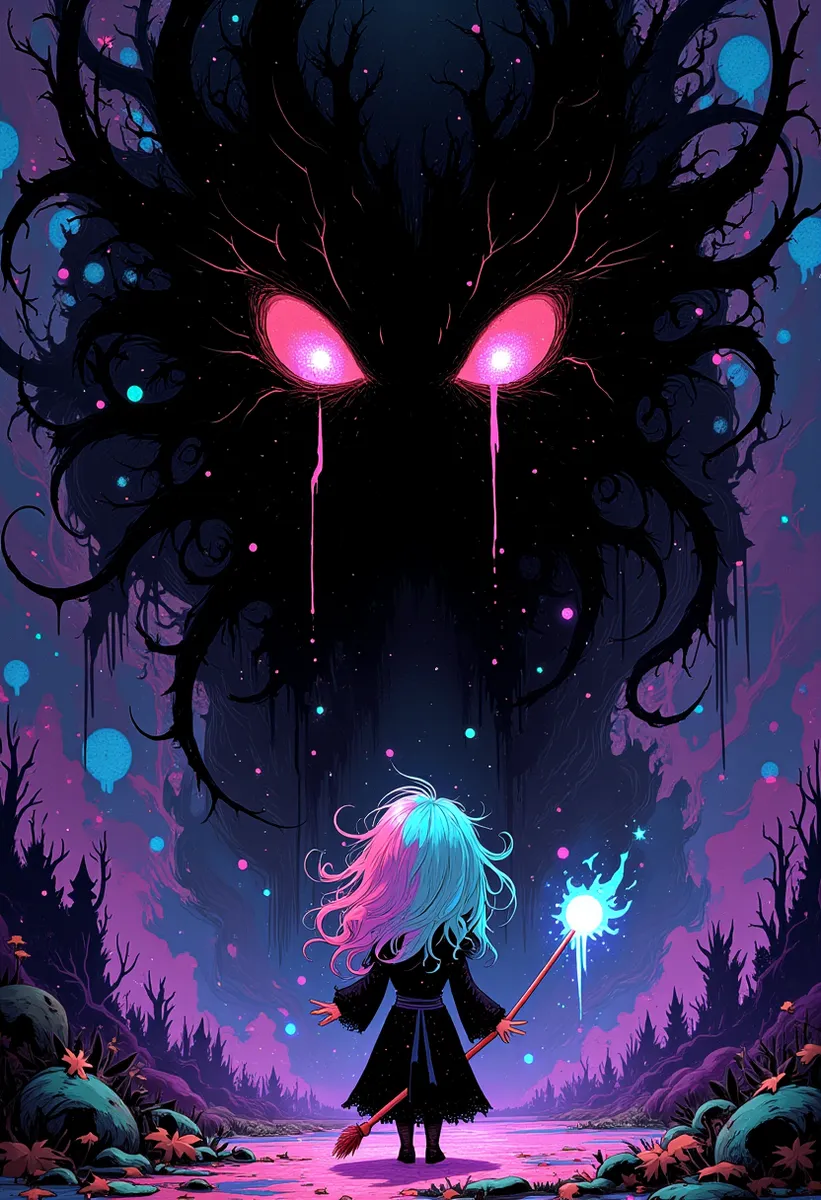 A pastel goth chibi witch with vibrant blue and pink hair stands before a dark behemoth with glowing pink eyes, holding a glowing wand in a mystical, purple-hued landscape.