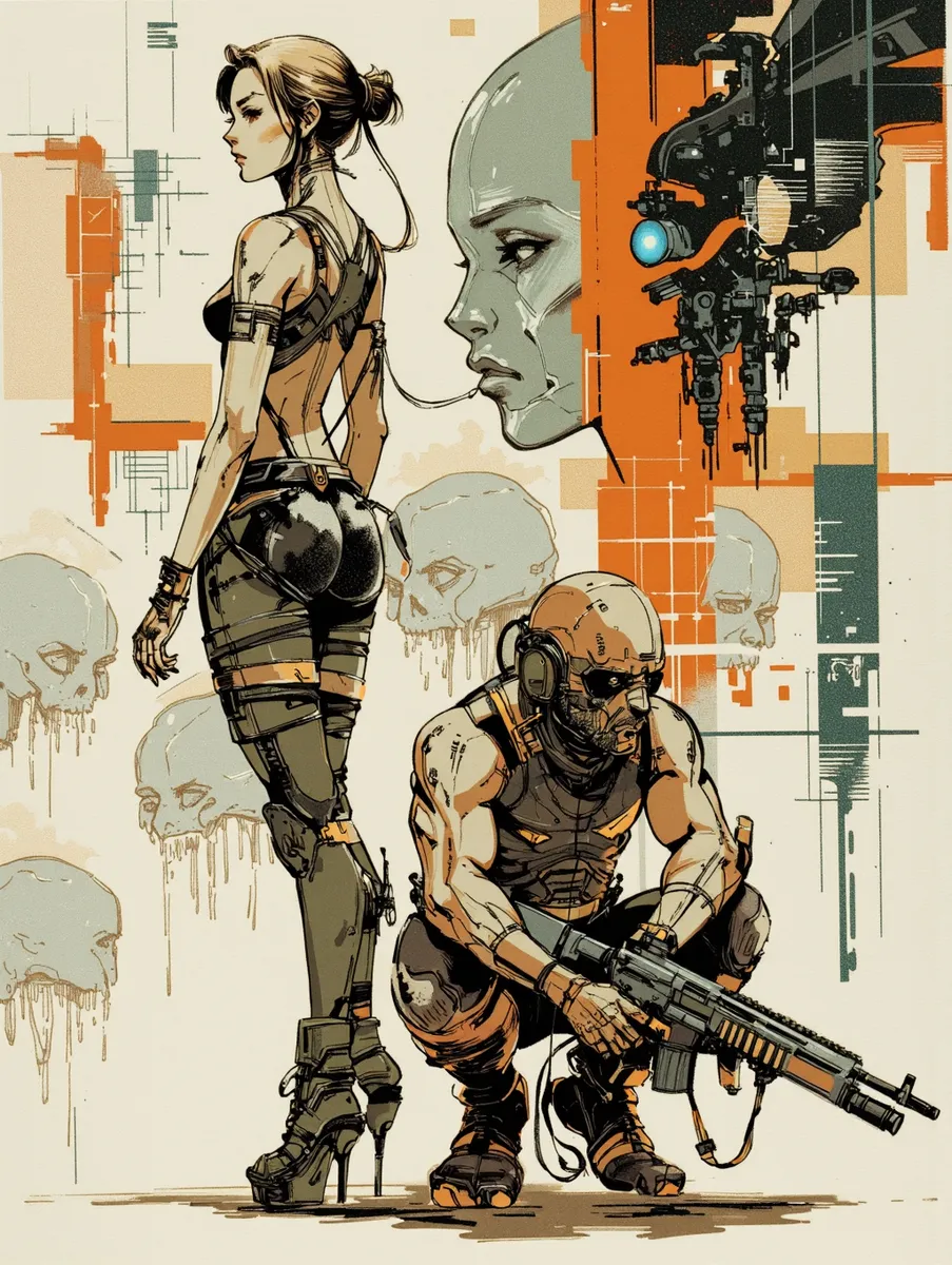 Illustration sci-fi dynamique d'une femme grande en tenue futuriste se tenant confiamment, et d'un homme musclé et armuré accroupi avec une arme, rendu dans un style esquisse et encre avec des tons atténués et des éléments de fond cybernétiques.