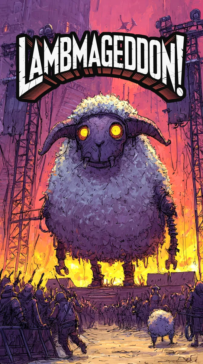 LambMageddon poster featuring a giant robotic sheep with glowing eyes and mechanical limbs looming over a crowd in a dystopian city scene with a fiery orange and purple sky.