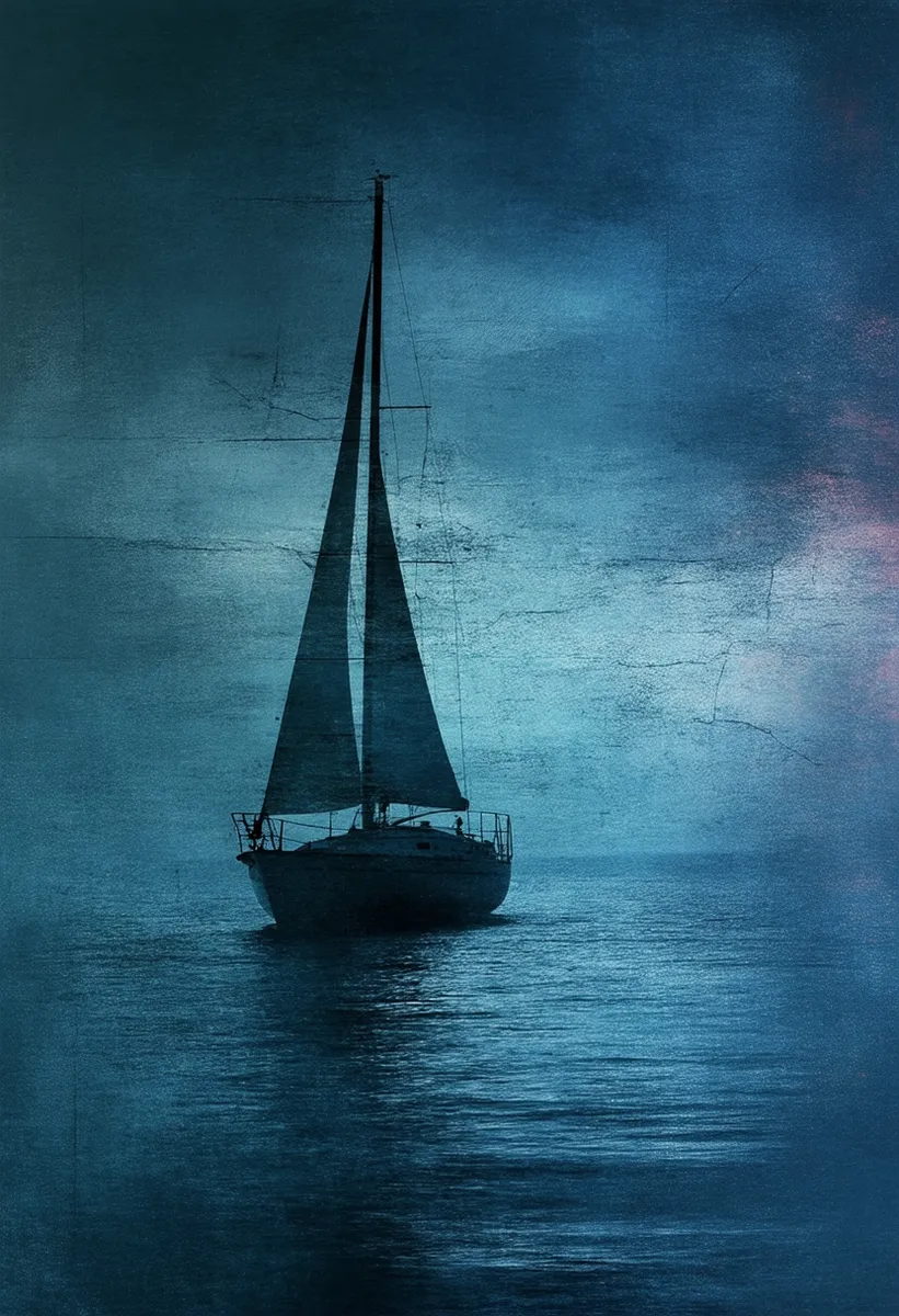 A lone sailboat silhouette with tall sails on calm, dark water under a moody, textured sky with subtle hints of stormy atmosphere.