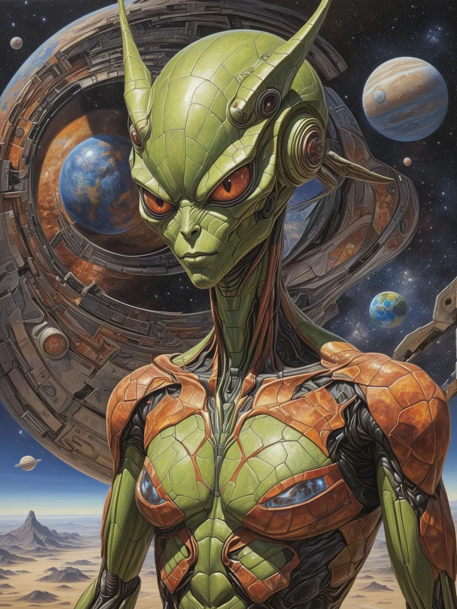 Portrait of a terrific demon android with green and orange armored skin standing on an alien planet with planets and a large space ring structure in the background, detailed hyperrealism with cubism elements.