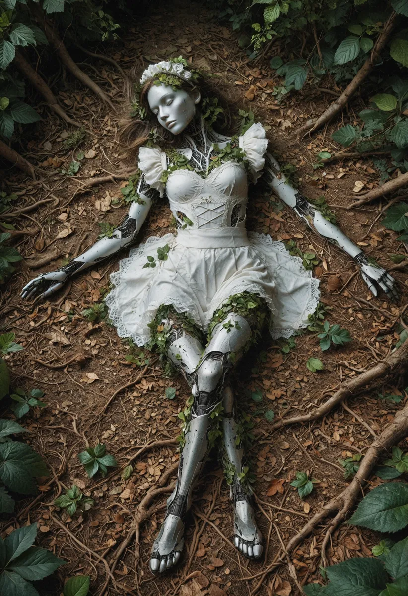 Photorealistic image of a maid robot lying on the forest floor with foliage intertwined in her hair and robotic body parts, dressed in a white maid dress.