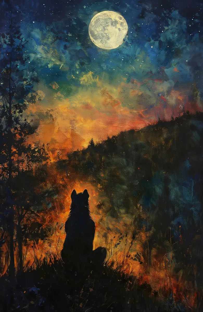 Silueta de un lobo sentado en colinas cubiertas de hierba iluminadas por un atardecer resplandeciente, con una luna llena y un cielo nocturno estrellado arriba.