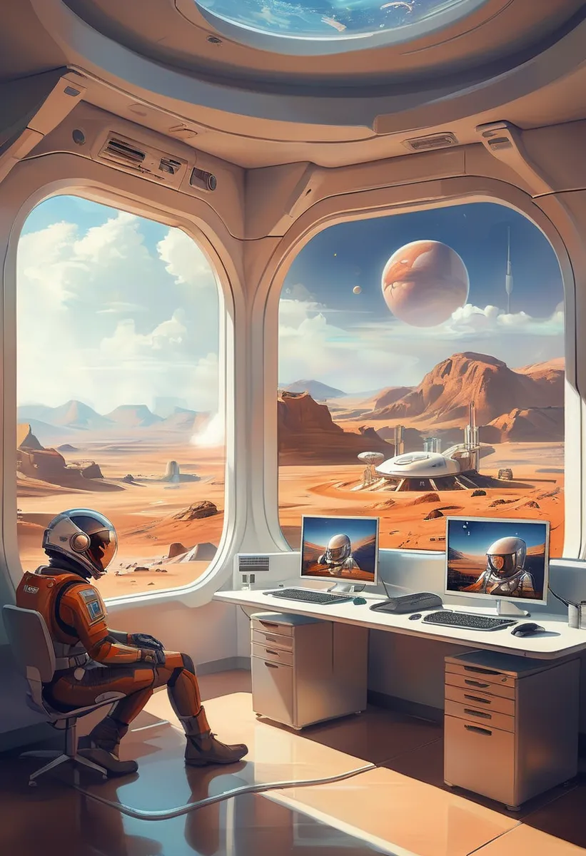 白いパネルと大きな窓があり、赤い岩だらけの火星の風景を見せる広々とした火星前哨基地の内部。宇宙飛行士が二つのモニターがあるコンピュータデスクに座っています。