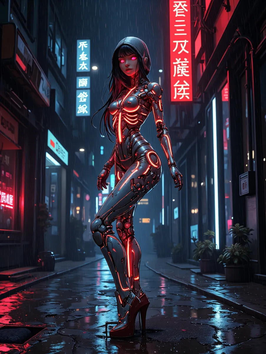 Ein weiblicher Cyborg steht nachts in einer neonbeleuchteten dystopischen Stadtschlucht mit leuchtend roten Augen, trägt einen biomechanischen reflektierenden Anzug und ist von regnerischem urbanem Verfall und nassen Neonreflexionen umgeben.