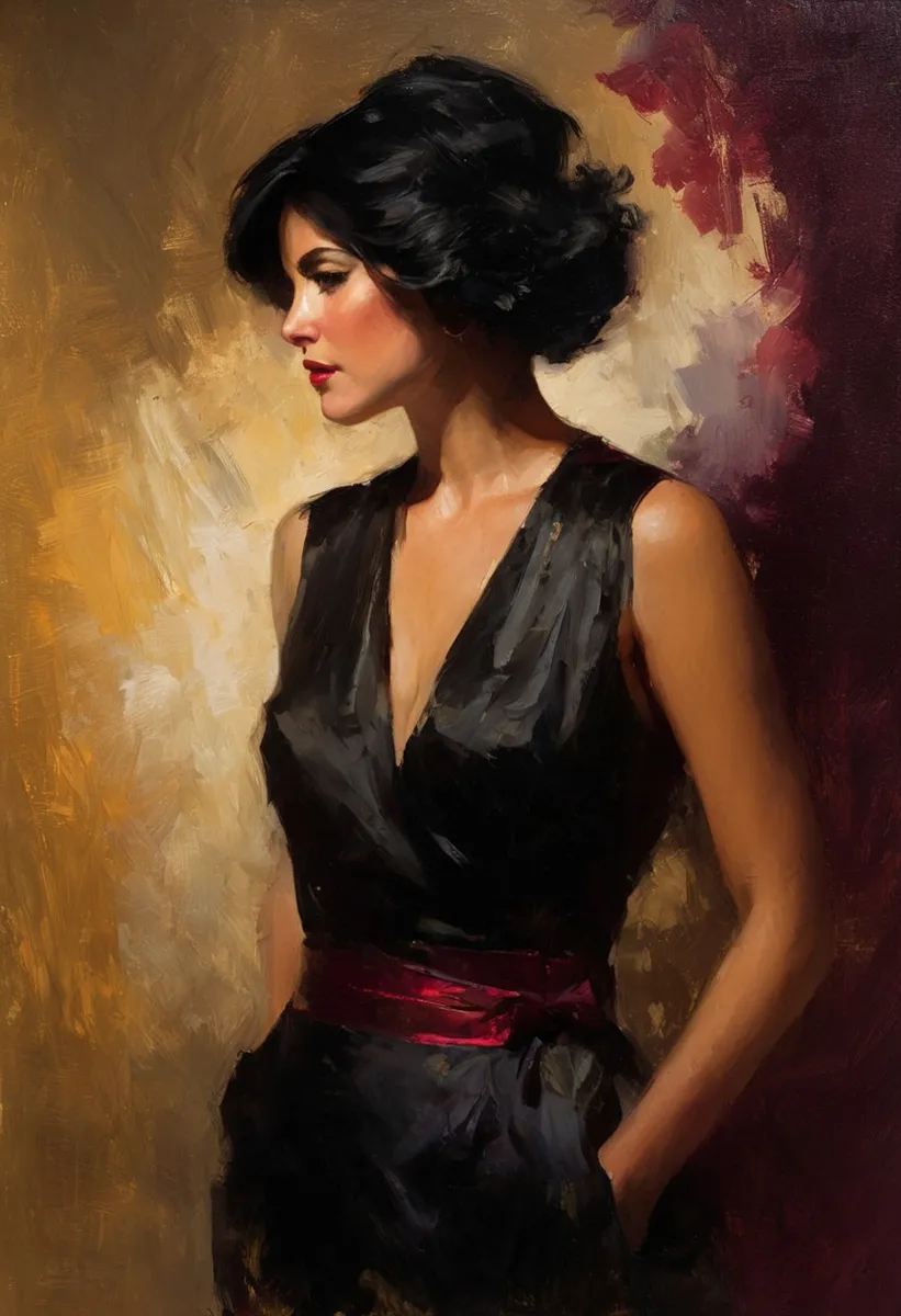 Pintura a óleo em estilo impressionista de uma mulher sedutora de pele clara com corte moderno black bob usando vestido de cetim vinho sem mangas com cinto largo preto, sobre fundo quente dourado e texturizado escuro com iluminação chiaroscuro.