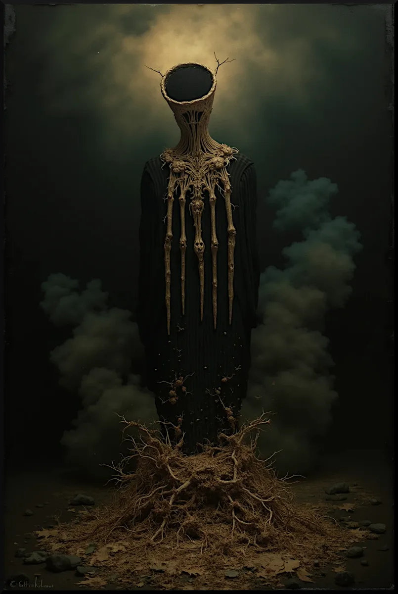 A surreal and haunting skeletal figure with an open hollow head shaped like a tree trunk, standing amidst dark swirling smoke with roots emerging from its base.