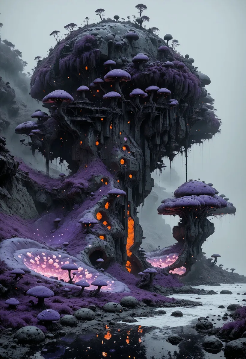 Alien Monolith with Glowing Purple Mushrooms - AI Image Gallery | Diffus