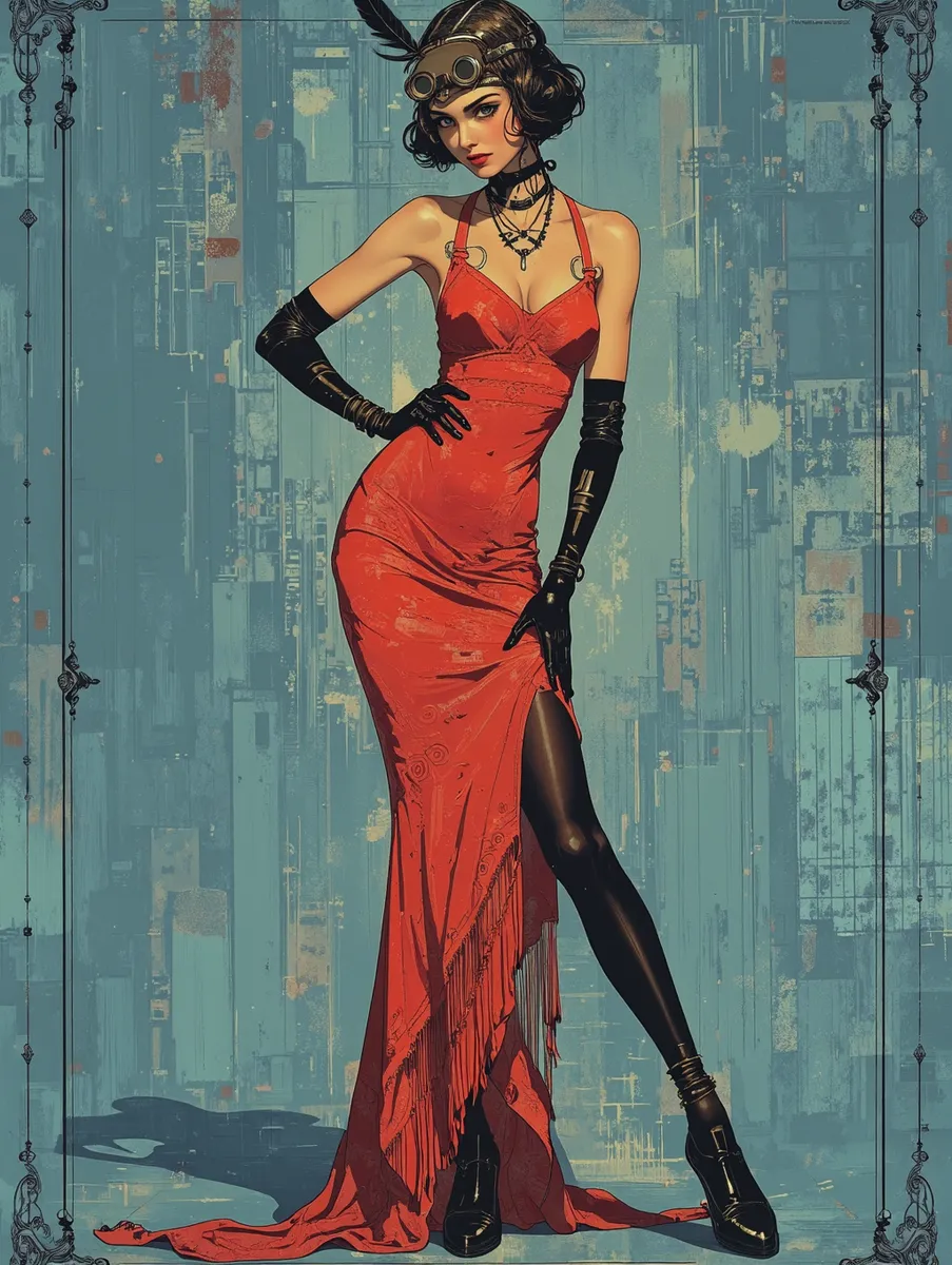 Slim woman in a red long form-fitting dress with slit and fringe, wearing black gloves and stockings, futuristic glasses on her head and a feather headband, set against an art deco blue background.