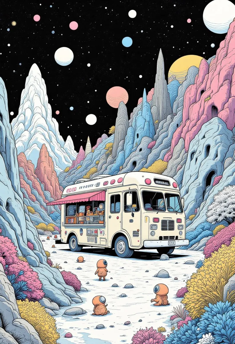 Eine traumhafte kosmische Landschaft mit außerirdischen Wesen, die sich um einen futuristischen Eiswagen versammeln, vor farbenfrohen, fremdartigen Felsformationen unter einem sternenklaren Himmel mit mehreren Planeten.