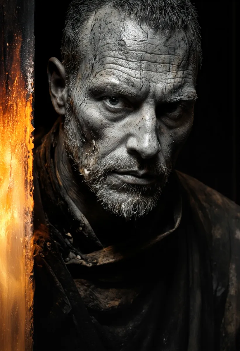 Portrait hyper-détaillé en noir et blanc d'un maître forgeron rugueux avec une expression intense, éclairé par un éclairage dramatique de la forge projetant des ombres profondes.