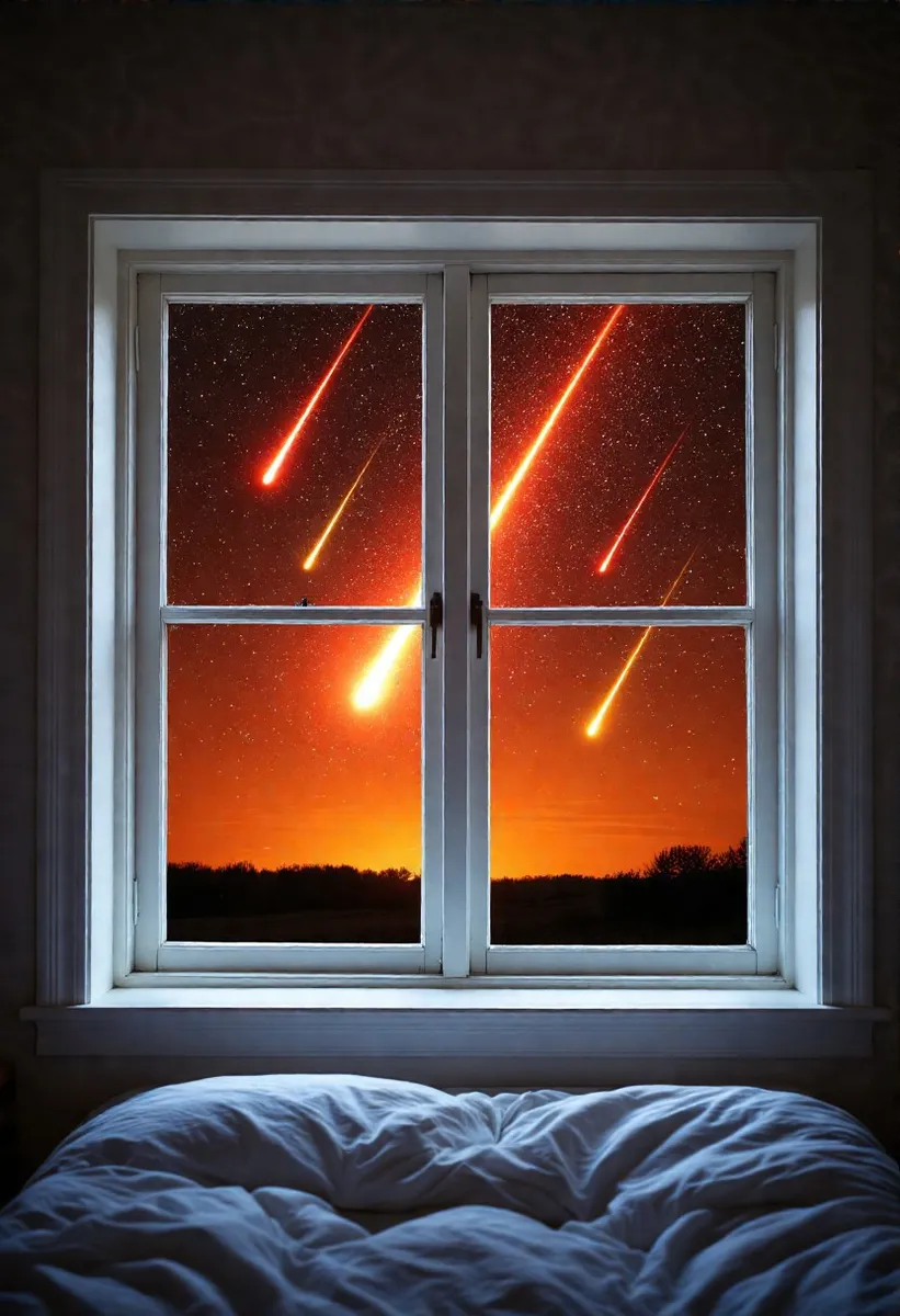 Blick aus einem Schlafzimmer, das ein weiß gerahmtes vierteiliges Fenster zeigt, das einen lebendigen Meteorschauer mit hellroten und gelben Streifen über einem sternklaren Nachthimmel enthüllt.