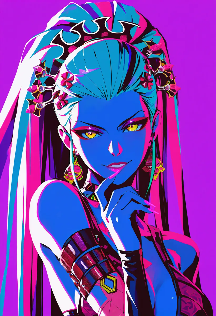 Illustrazione dettagliata in stile anime di Daki con pelle blu e unghie lunghe rosa, su uno sfondo viola vivace, che mostra la parte superiore del corpo e un'espressione sicura.