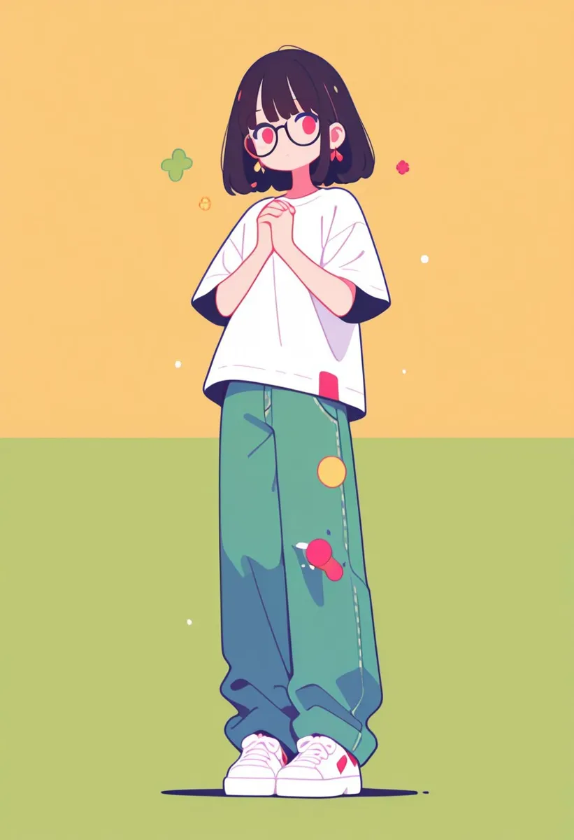 Ilustracja w stylu anime w pełnej sylwetce nieśmiałej młodej kobiety z krótkimi ciemnymi włosami i okularami, ubranej w białą, oversize koszulkę, luźne zielone jeansy z łatami oraz białe trampki z czerwonymi akcentami na minimalistycznym tle.
