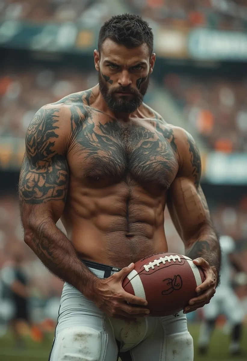 Giocatore di football americano muscoloso e tatuato che tiene un football in uno stadio affollato con sfondo sfocato effetto bokeh, indossa pantaloni a compressione bianchi e protezioni.