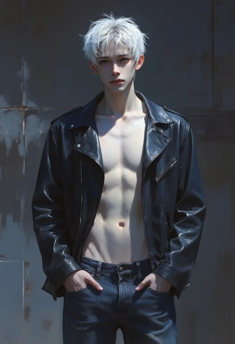 Ein hyperrealistisches digitales Gemälde eines jungen Mannes mit auffallend eisig silbernem Haar, der eine offene schwarze Leder-Bikerjacke trägt, die seinen definierten Torso zeigt, kombiniert mit dunkel gewaschenen Jeans unter dramatischer Rembrandt-Beleuchtung.