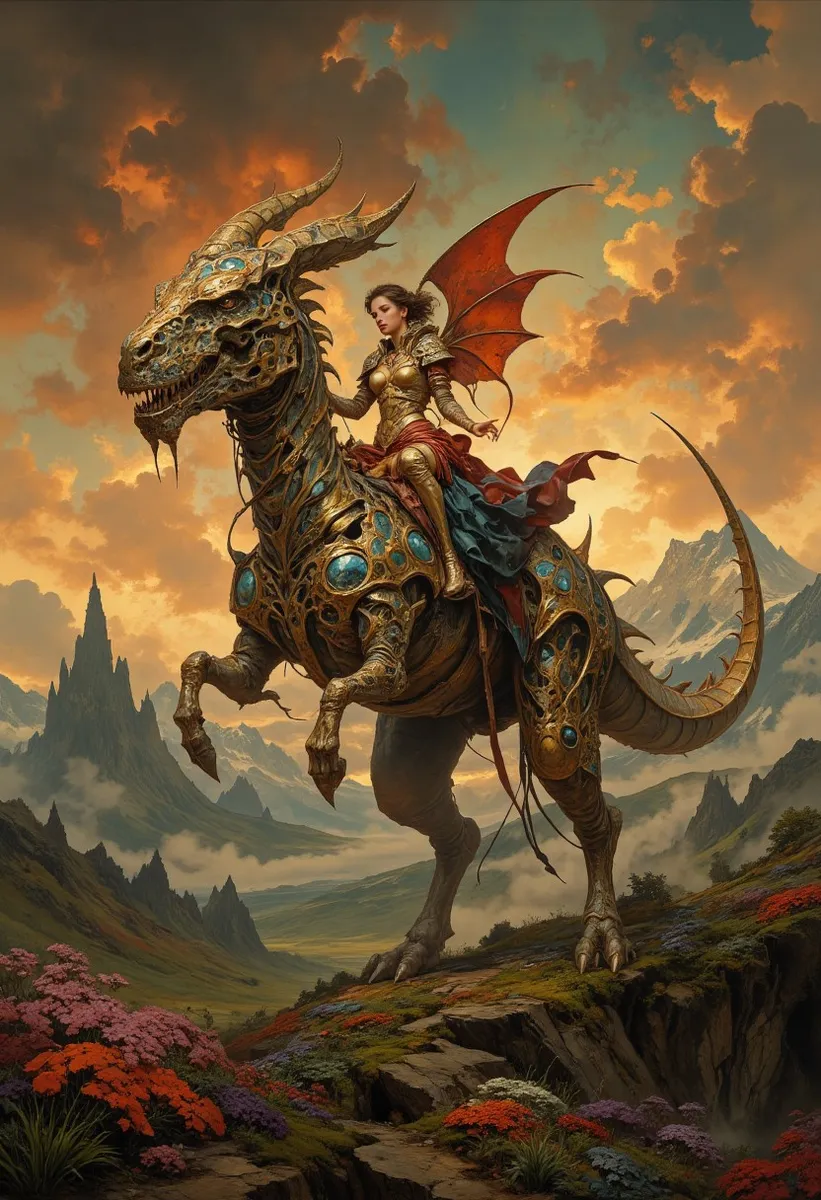 Una principessa vestita con armatura dorata cavalca un dinosauro metallico dettagliato con decorazioni di gemme blu e ali rosse simili a pipistrelli al tramonto, ambientato in un paesaggio montano fantasy con fiori colorati.