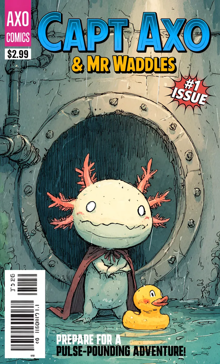 Comic-Cover mit Capt Axo, einem kleinen amphibischen Wesen mit roten, astartigen Kiemen, das einen Superhelden-Umhang trägt, vor einer großen runden Metallluke steht, mit einer Quietscheente neben ihm in einem wässrigen unterirdischen Umfeld.