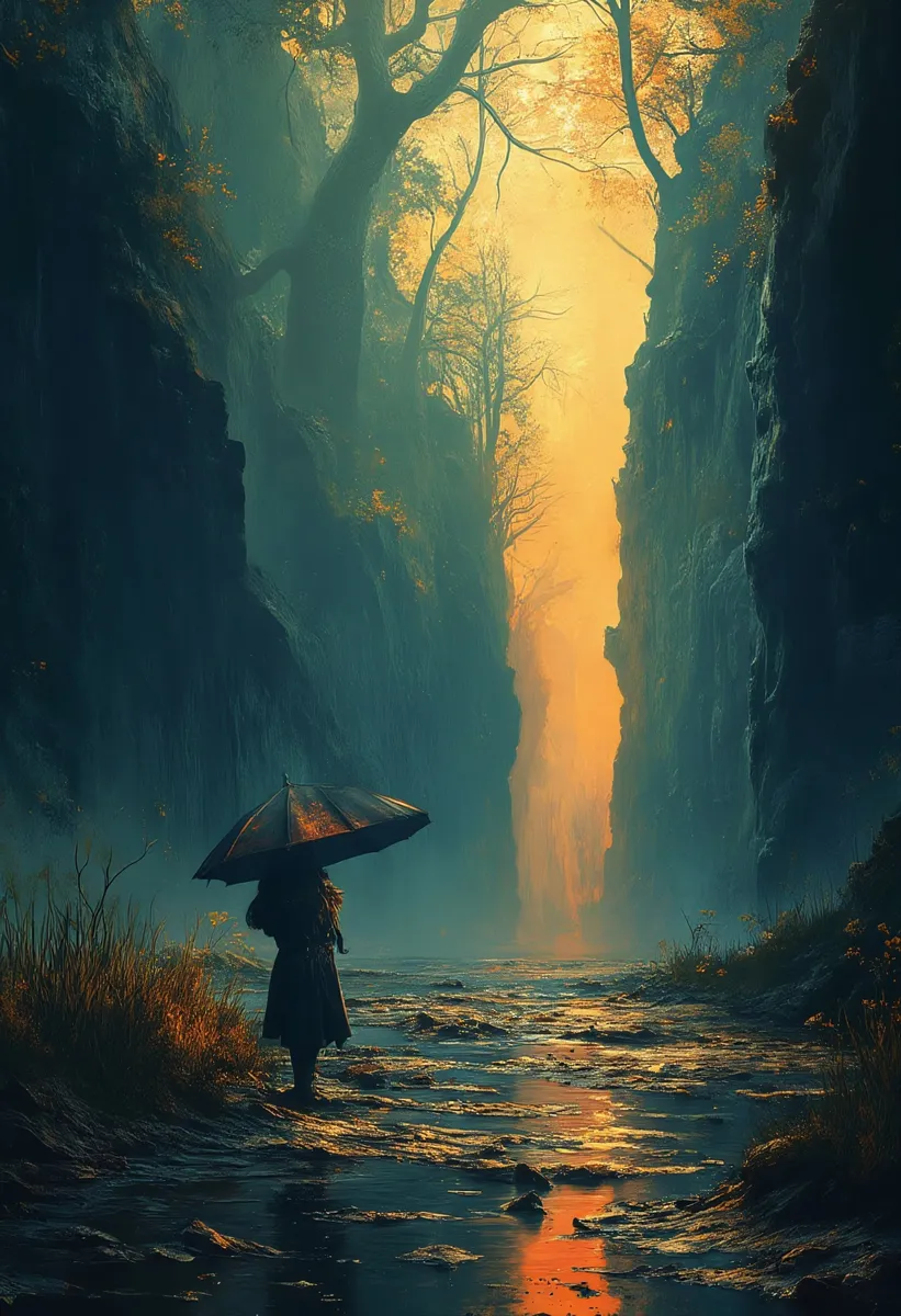 Ein geheimnisvolles, dunkles Tal mit hohen Klippen auf beiden Seiten, erleuchtet von warmem Sonnenlicht in der Ferne. Eine einzelne Gestalt steht mit einem Regenschirm, umgeben von Schatten und schwach leuchtendem Laub.