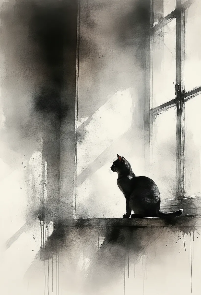 A black cat sitting on a sunlit window sill, rendered in a dynamic ink sketch style with charcoal and graphite textures.