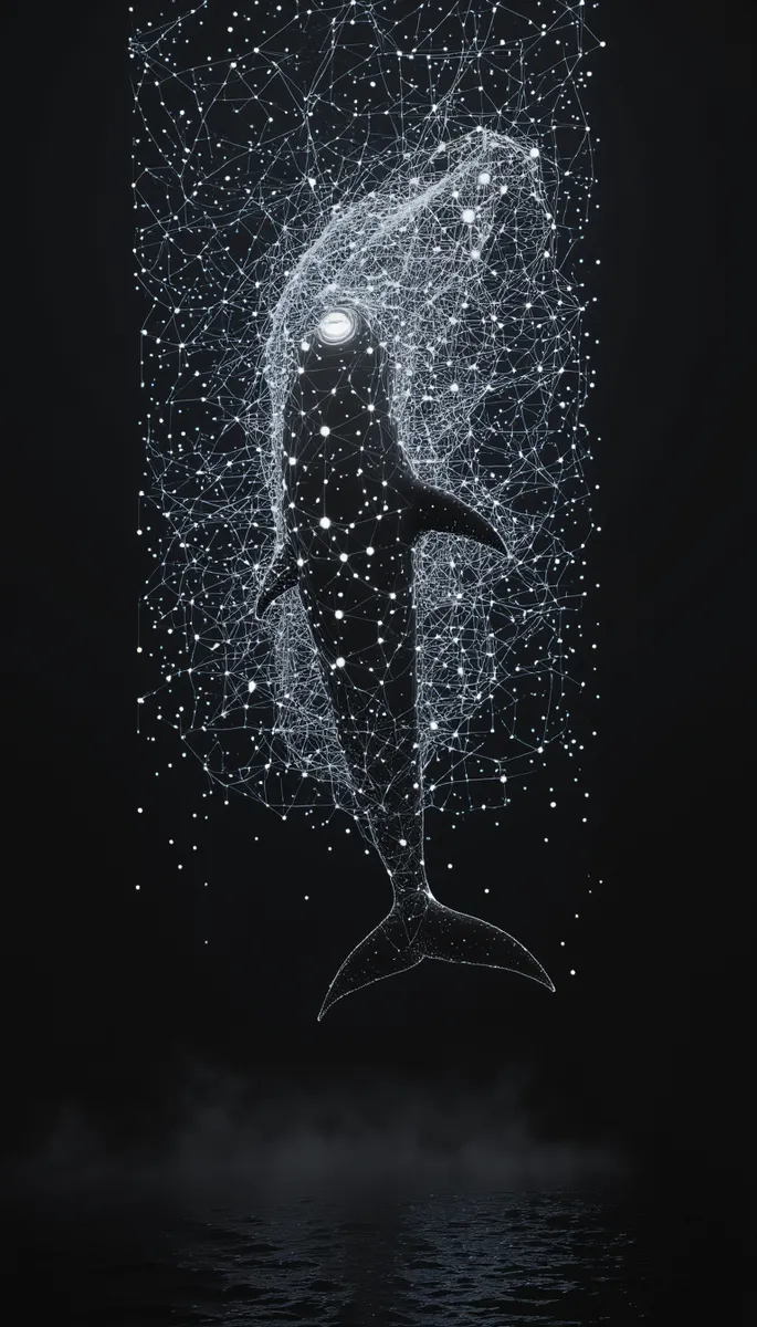 A digital illustration of a dolphin entangled in a glowing, intricate network of digital nodes and lines, set against the black depths of an underwater world with mysterious radiation effects.