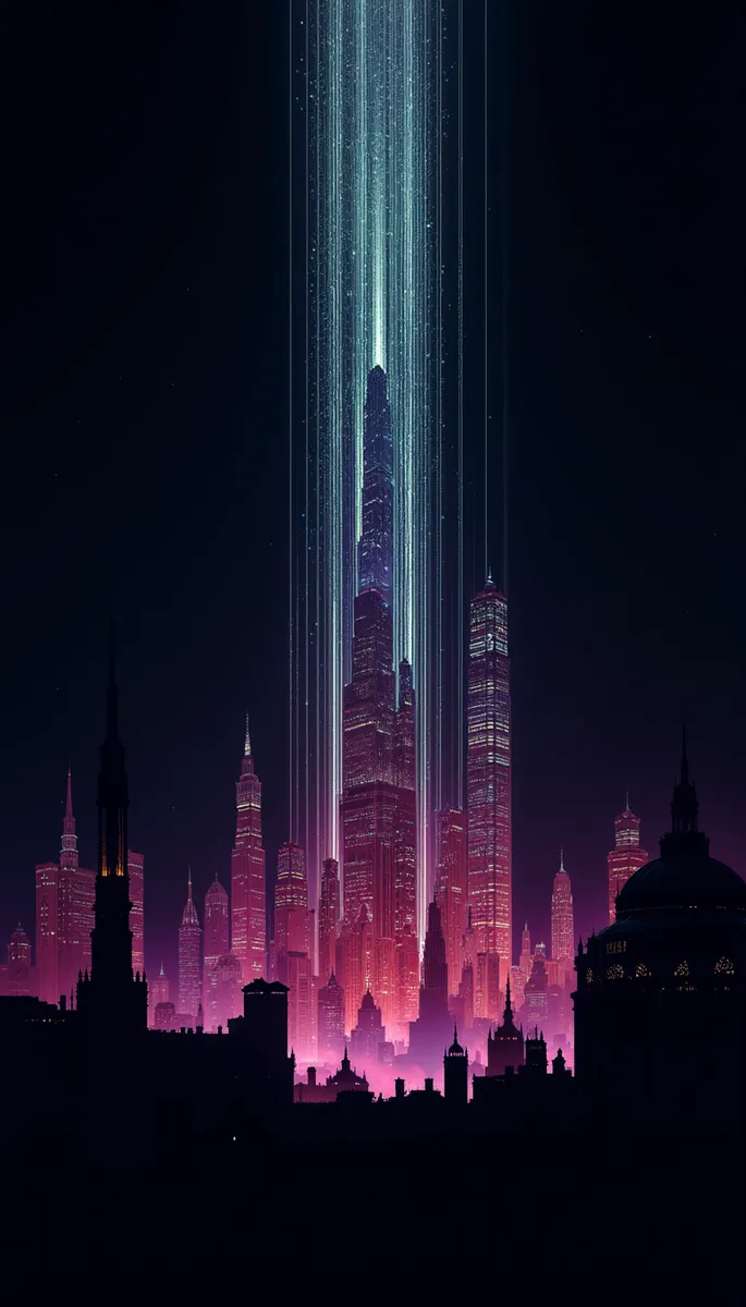 A futuristic cityscape at night featuring towering illuminated skyscrapers with vertical digital light beams ascending into the dark sky, bathed in neon pink and blue hues.