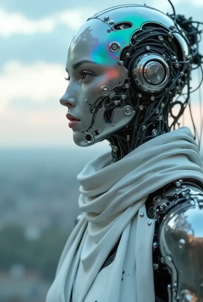 Photorealistic profile view of a cyborg with a translucent, reflective helmet and intricate mechanical details, dressed in a flowing white scarf.