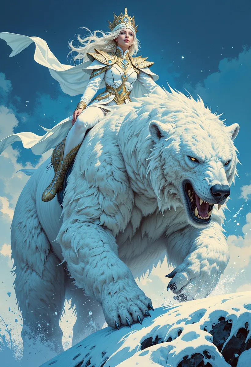 Highly detailed digital painting of an ice queen wearing ornate white and gold armor with a crown of ice needles, riding a large fierce polar bear through an icy landscape under a blue sky.