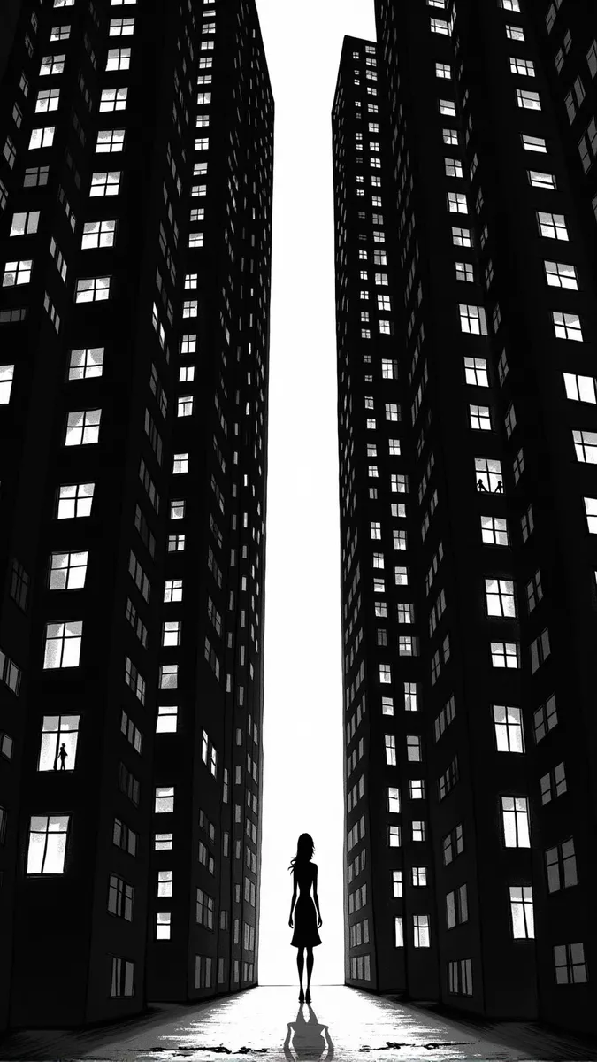 Cañón Urbano con Edificios Altos y Silueta de Mujer - Galería de Imágenes  AI | Diffus, image size:675x1200