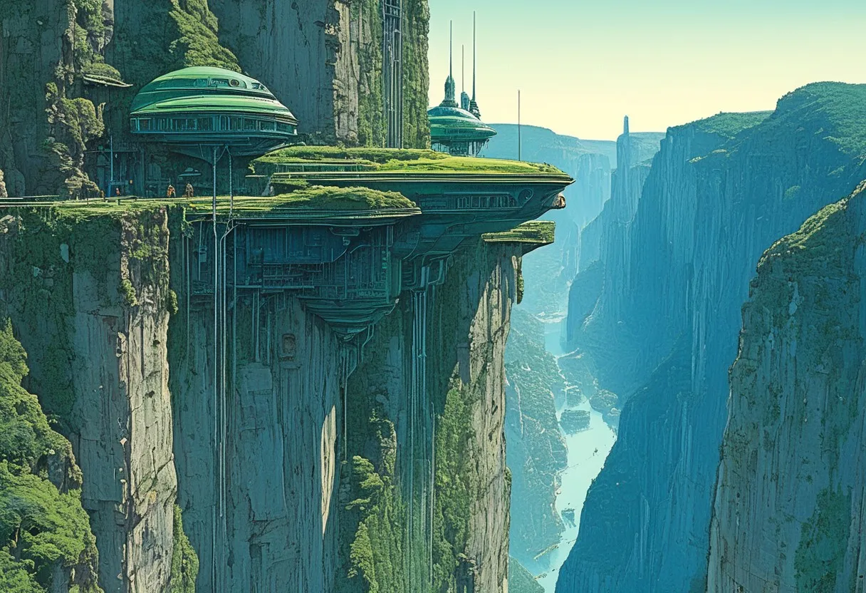 Science Fiction Monastery Sci-fi Monastery in Moebius Style Cliffside Gorge - AI Image Gallery ...