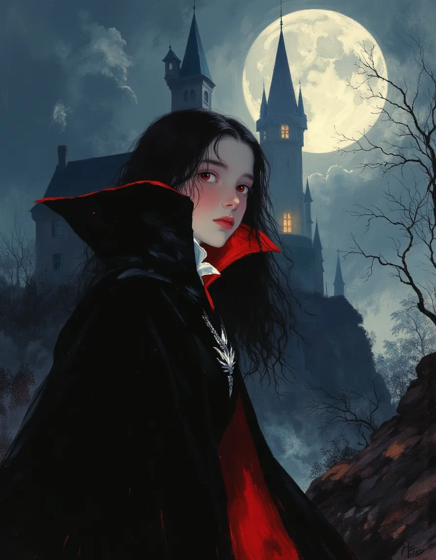 Una solenne giovane vampira con occhi rossi penetranti e mantello nero svolazzante con interno rosso, in piedi davanti a un imponente castello gotico della Transilvania sotto un cielo notturno illuminato dalla luna piena.