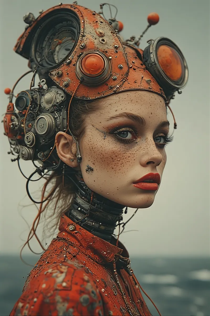 Nahaufnahme eines weiblichen Cyborgs mit rostigem orangefarbenem Steampunk-Helm mit mechanischen Details und Sommersprossen im Gesicht