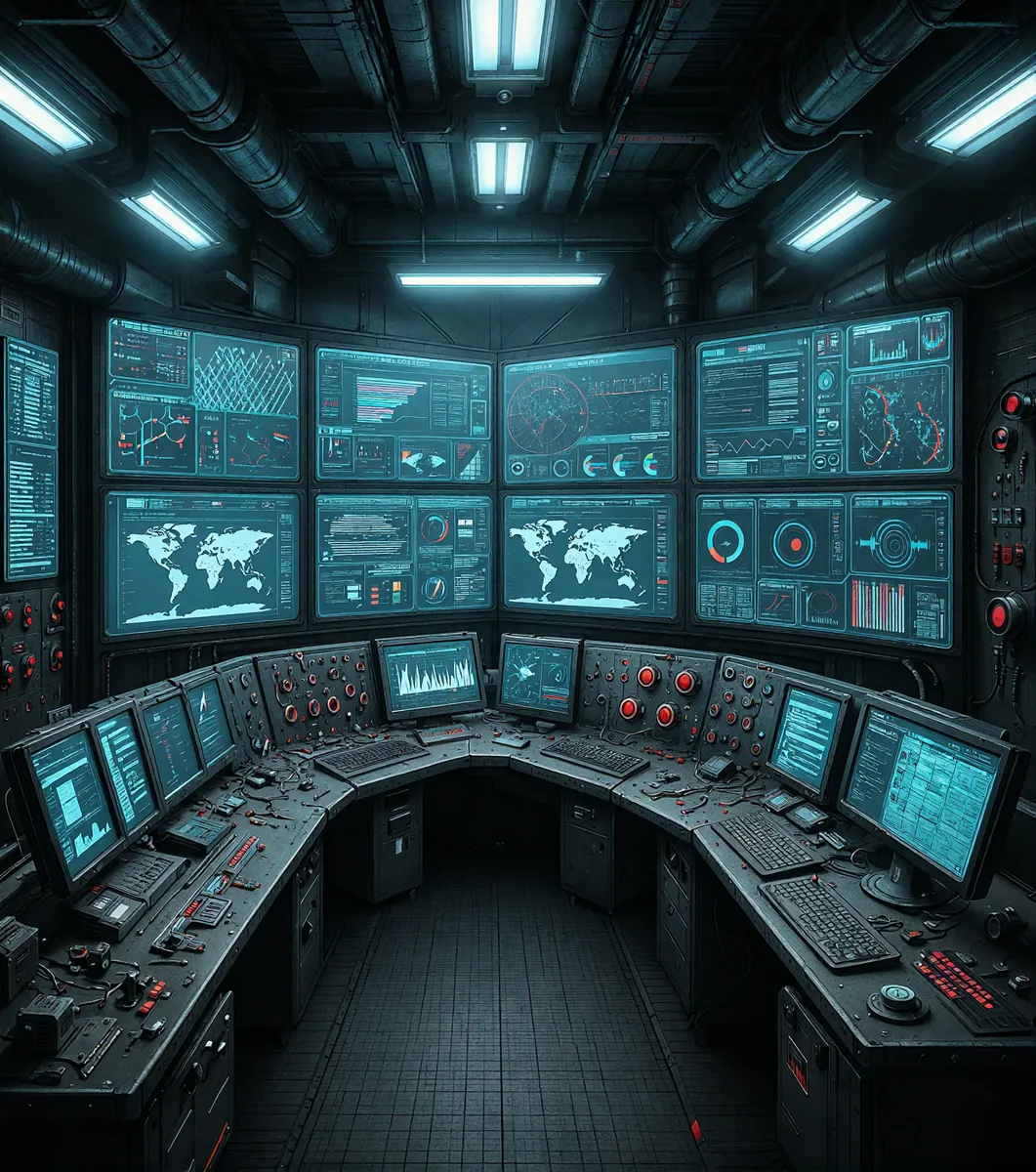 Dimly lit futuristic control room featuring a curved console packed with computer monitors and controls, walls covered with large screens displaying world maps, charts, and scientific data in blue and red accents.