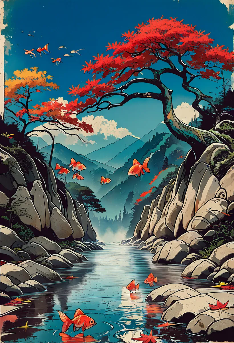 Vibrante paesaggio autunnale con un fiume di montagna dalle acque limpide, aceri rossi e arancioni, carpe rosse che nuotano sopra e sotto l'acqua, circondato da scogliere rocciose sotto un cielo azzurro con nuvole.