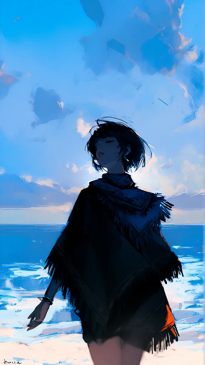 A dark fantasy style illustration of a girl with short hair, wearing a poncho and scarf, standing outdoors by the ocean with a bright blue sky and clouds, her eyes closed and arms outstretched.