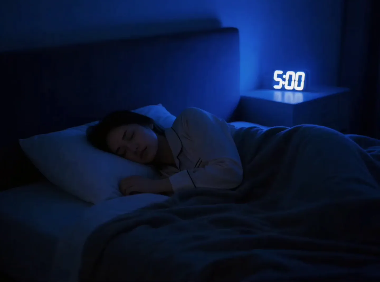 A woman sleeping in bed at night with blue lighting, a digital clock on the nightstand showing 5:00 AM.