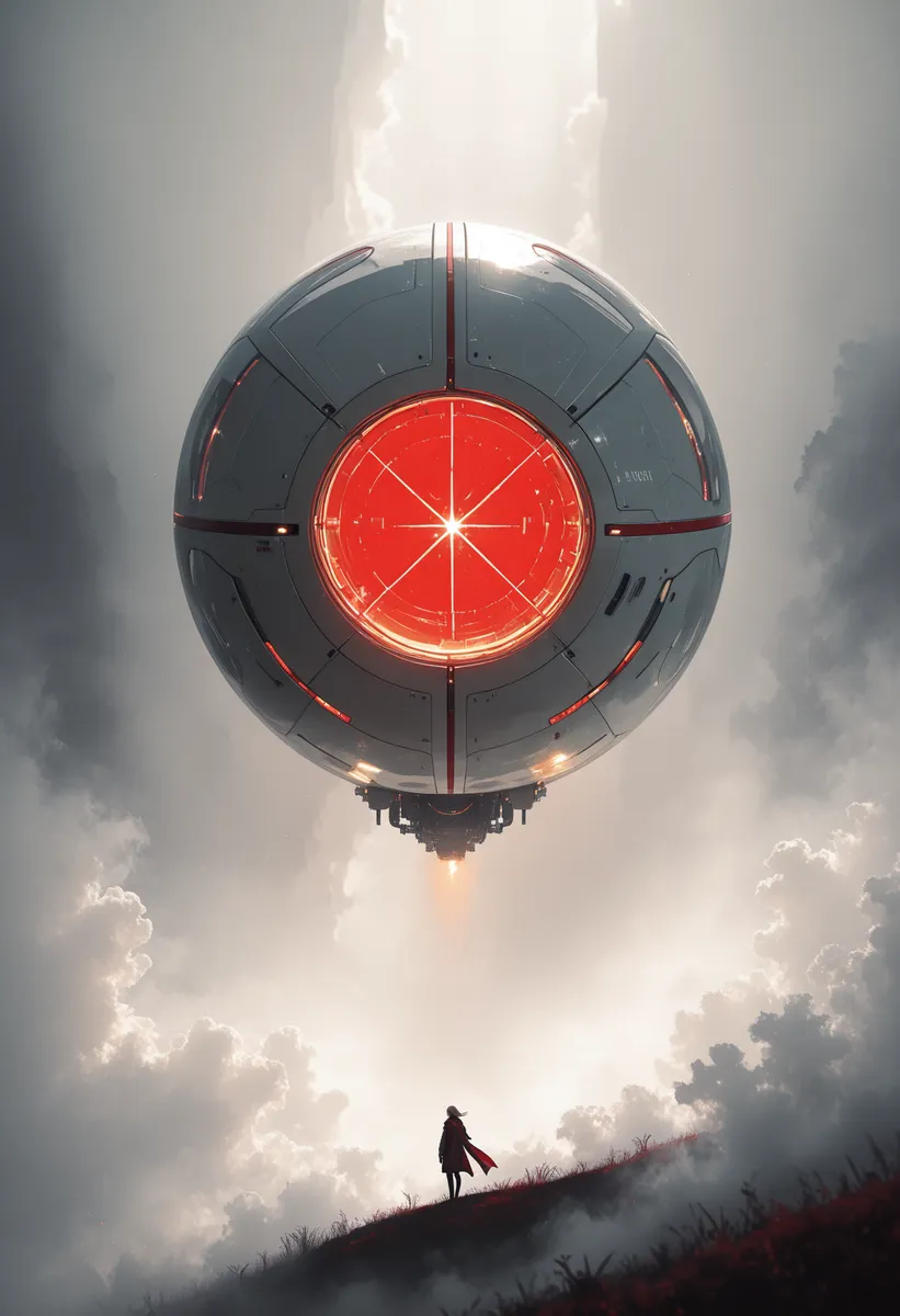 A large futuristic floating orb with red accents hovering above a hill where a lone figure stands amid fog and soft lighting, under a cloudy sky.