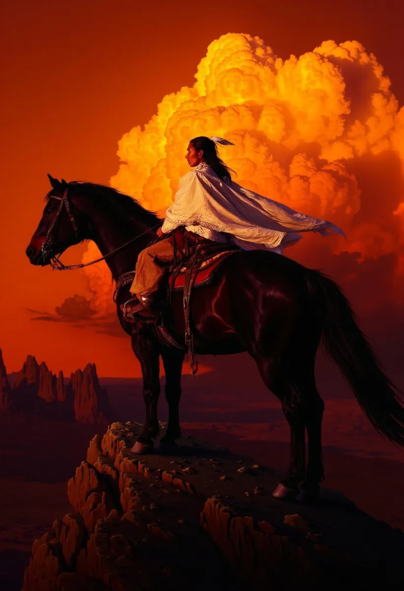 Native Indian Woman on Black Horse at Crimson Cliff - AI Image Gallery ...