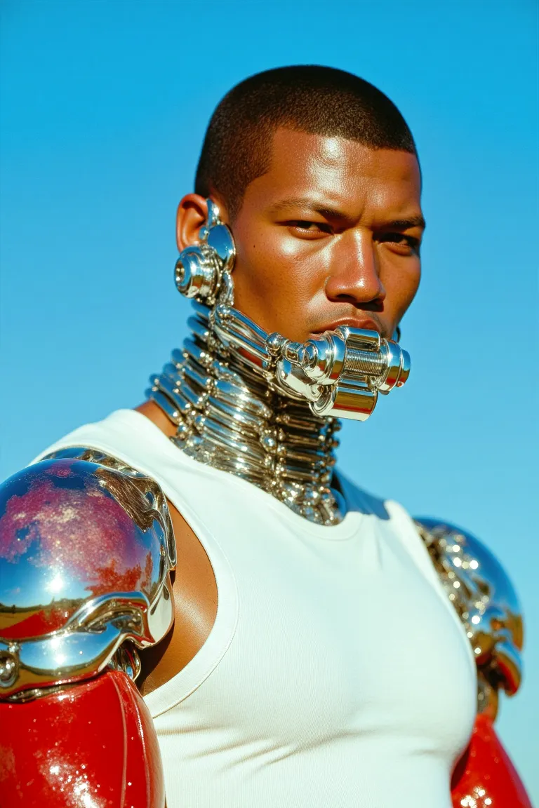 Close-up portrait of a man with tanned skin wearing a white tank top, featuring chrome metallic jaw and shoulder augmentations against a soft sky blue gradient background.