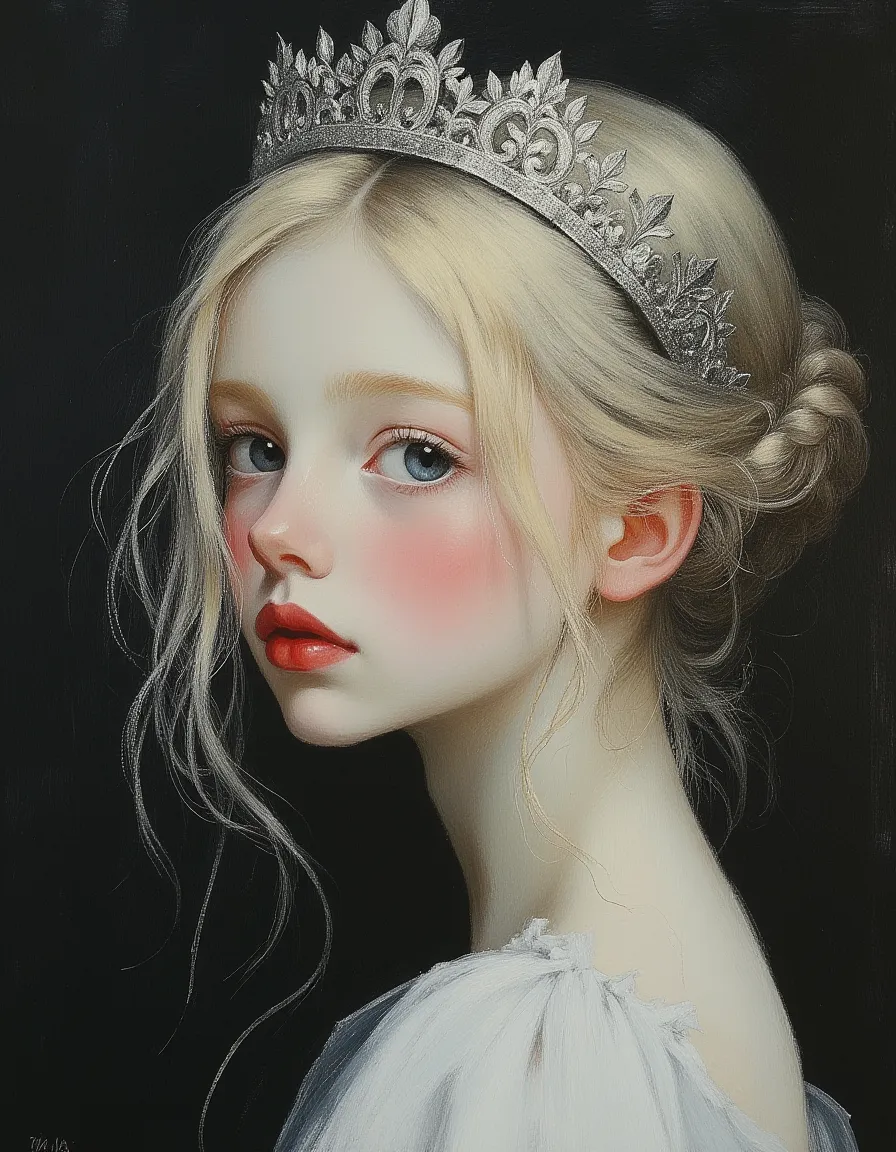 Primo piano di una principessa adolescente magra con pelle pallida e traslucida, labbra rosse vivaci, occhi blu incantati, capelli biondi e corona d'argento su sfondo scuro.