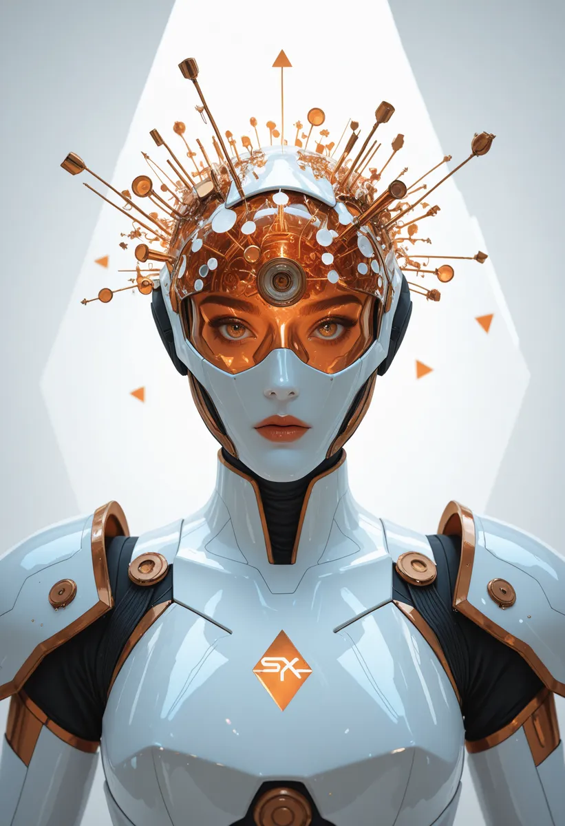 A robotic woman wearing futuristic white armor adorned with intricate copper coil headgear and angular shapes, with a focus on her expressive eyes and detailed design.
