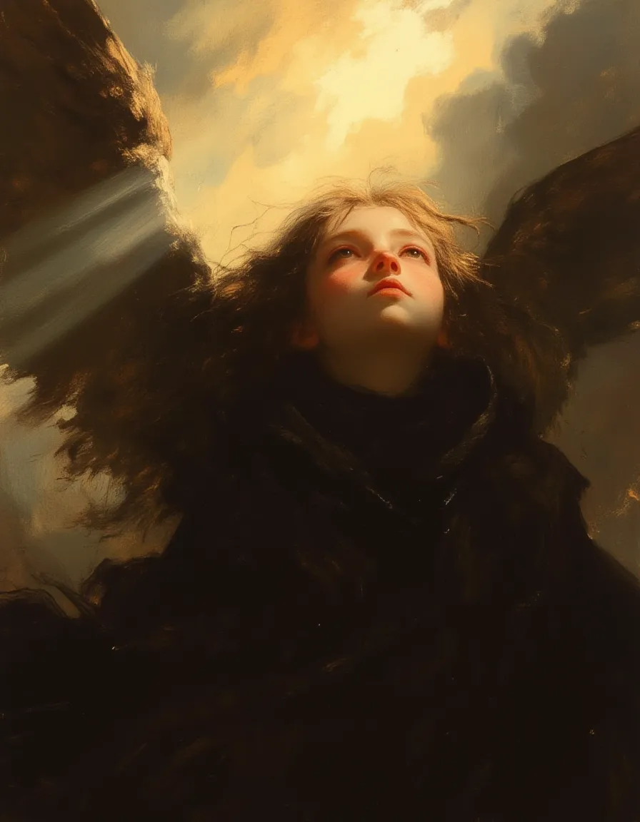 A beautiful digital painting of an angel with a serene and resolute expression, illuminated by dramatic beams of light through clouds, styled in warm oil painting inspired by Rembrandt.