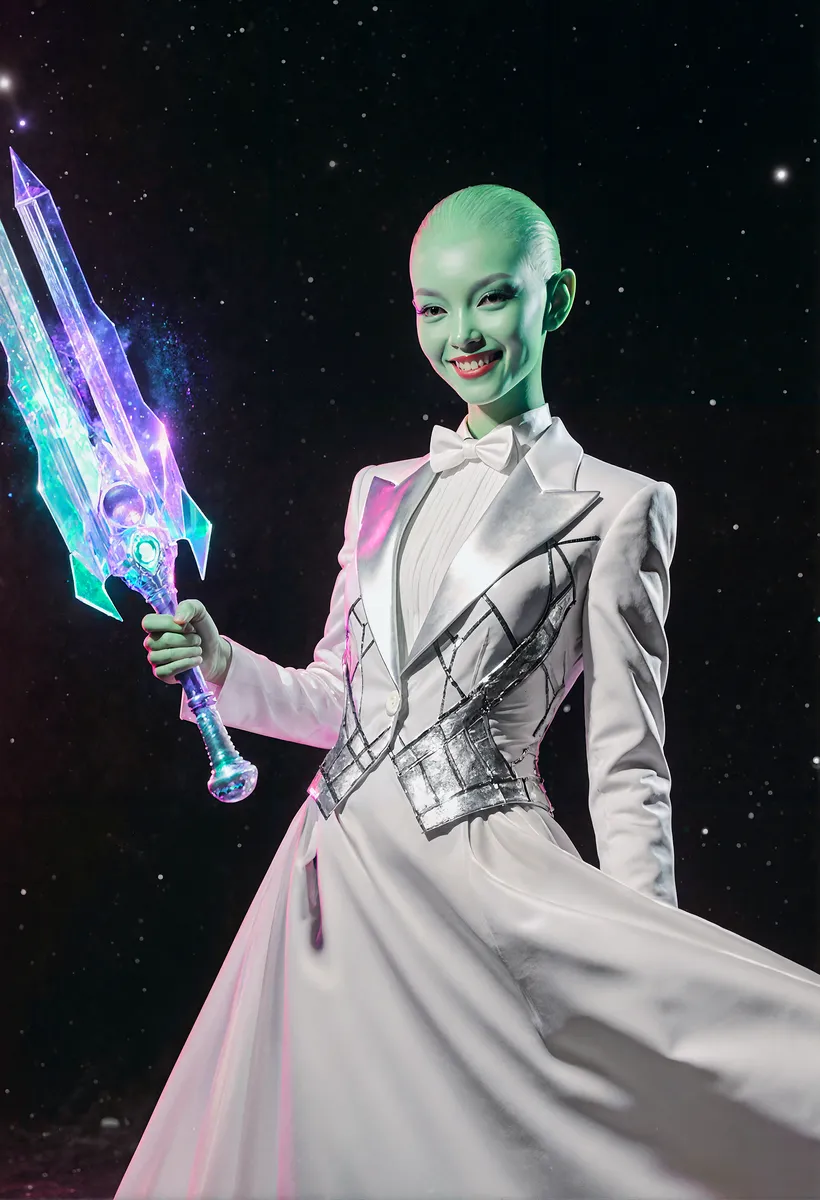 Female Alien Princess in White Tuxedo with Ethereal Weapon - AI Image ...