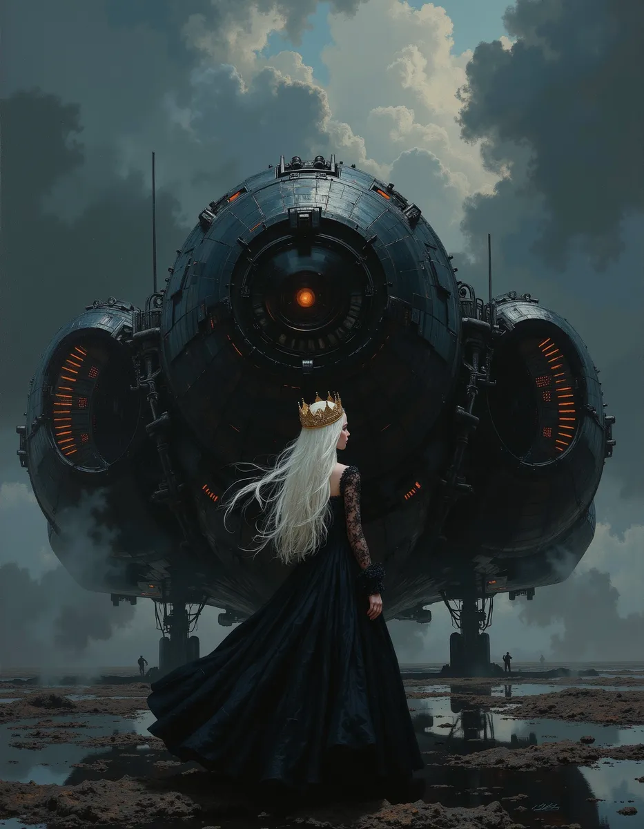 Futuristic Princess in Black Dress by Spaceship - AI Image Gallery | Diffus