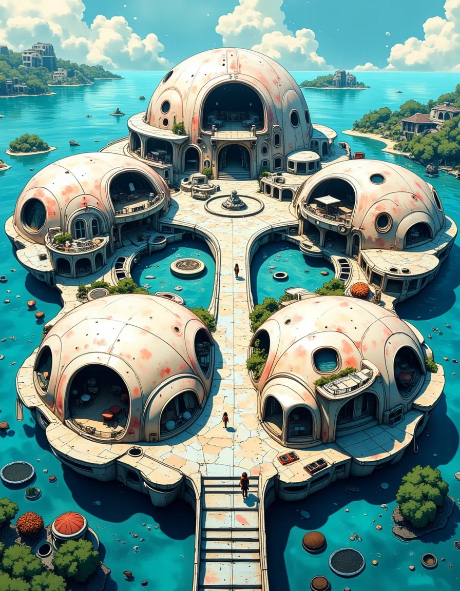 A futuristic floating city featuring interconnected dome-shaped buildings with open terraces over bright blue water, surrounded by small islands and lush greenery in a comic art style.
