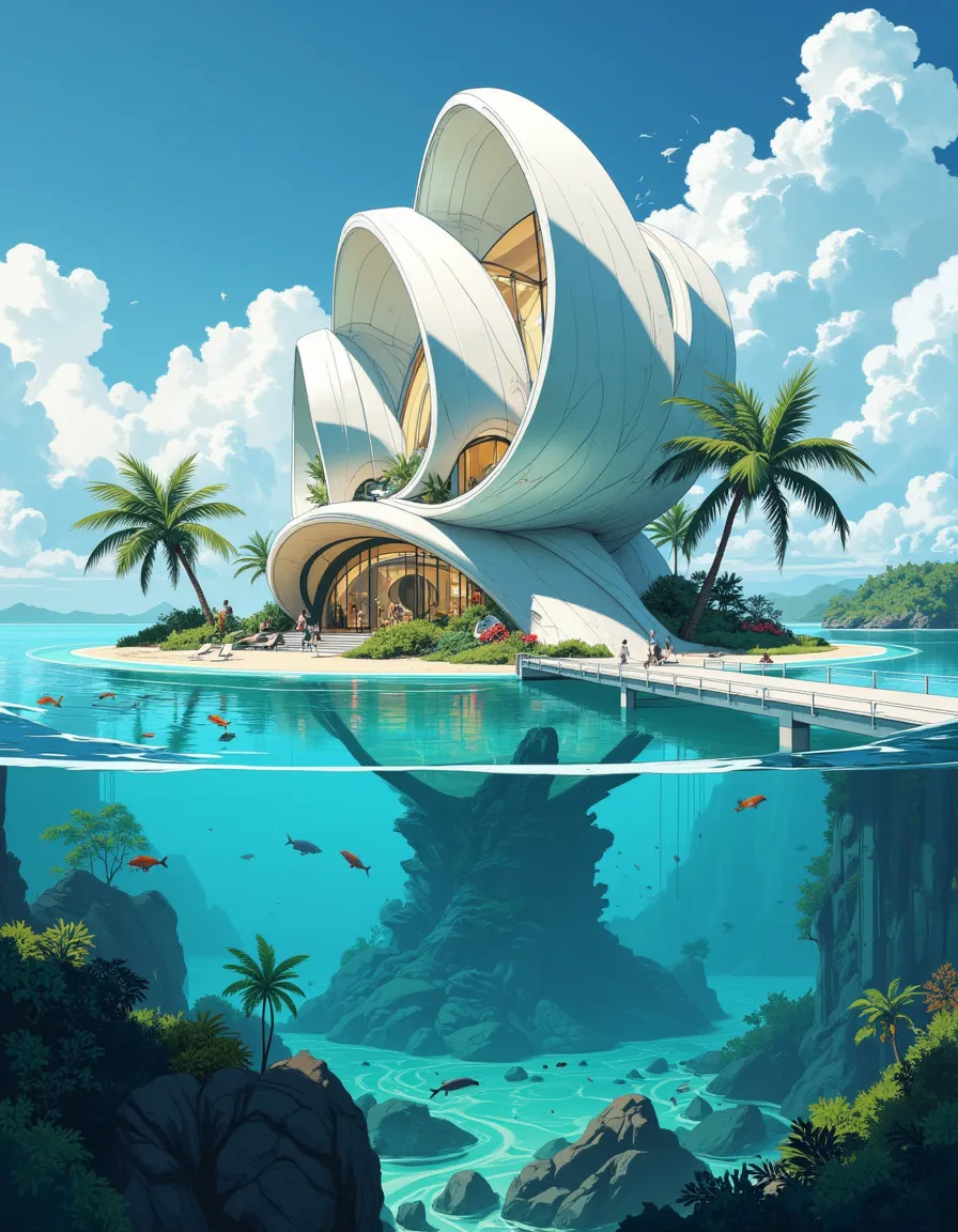 Ocean Bridge with Petal-Like Structures and Tropical Serenity - AI ...